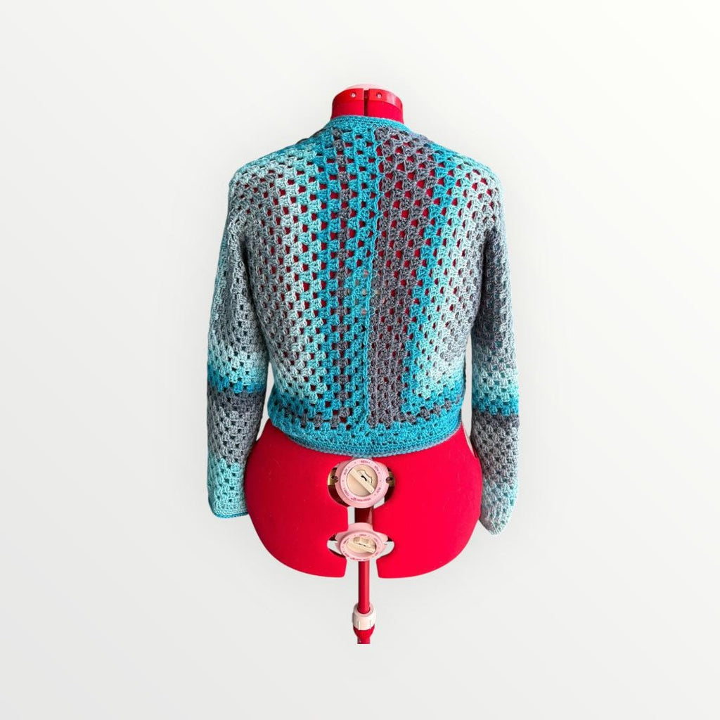 Ice-blue Cropped Hexagon Granny Sweater, Large