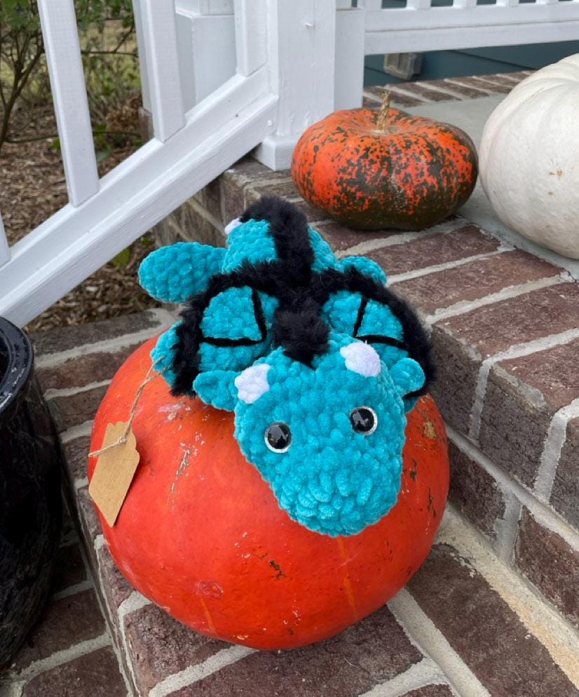 Crocheted Teal Dragon Plushie: Velvety Stuffed Animal