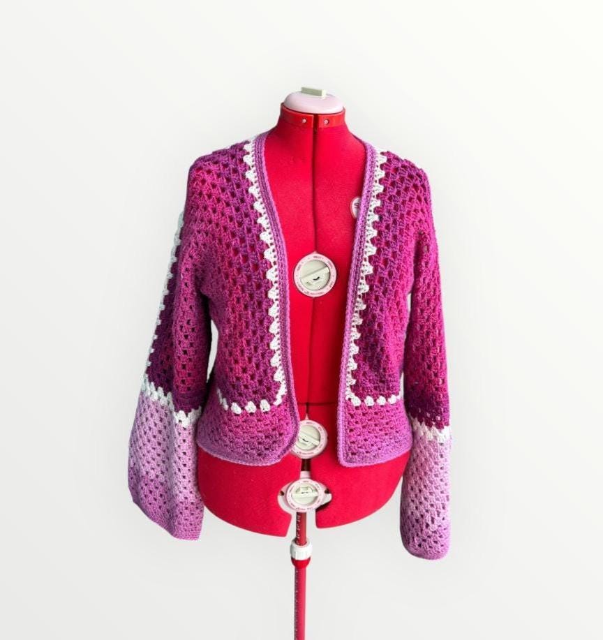 Raspberry Ripple Cropped Hexagon Granny Sweater, Large