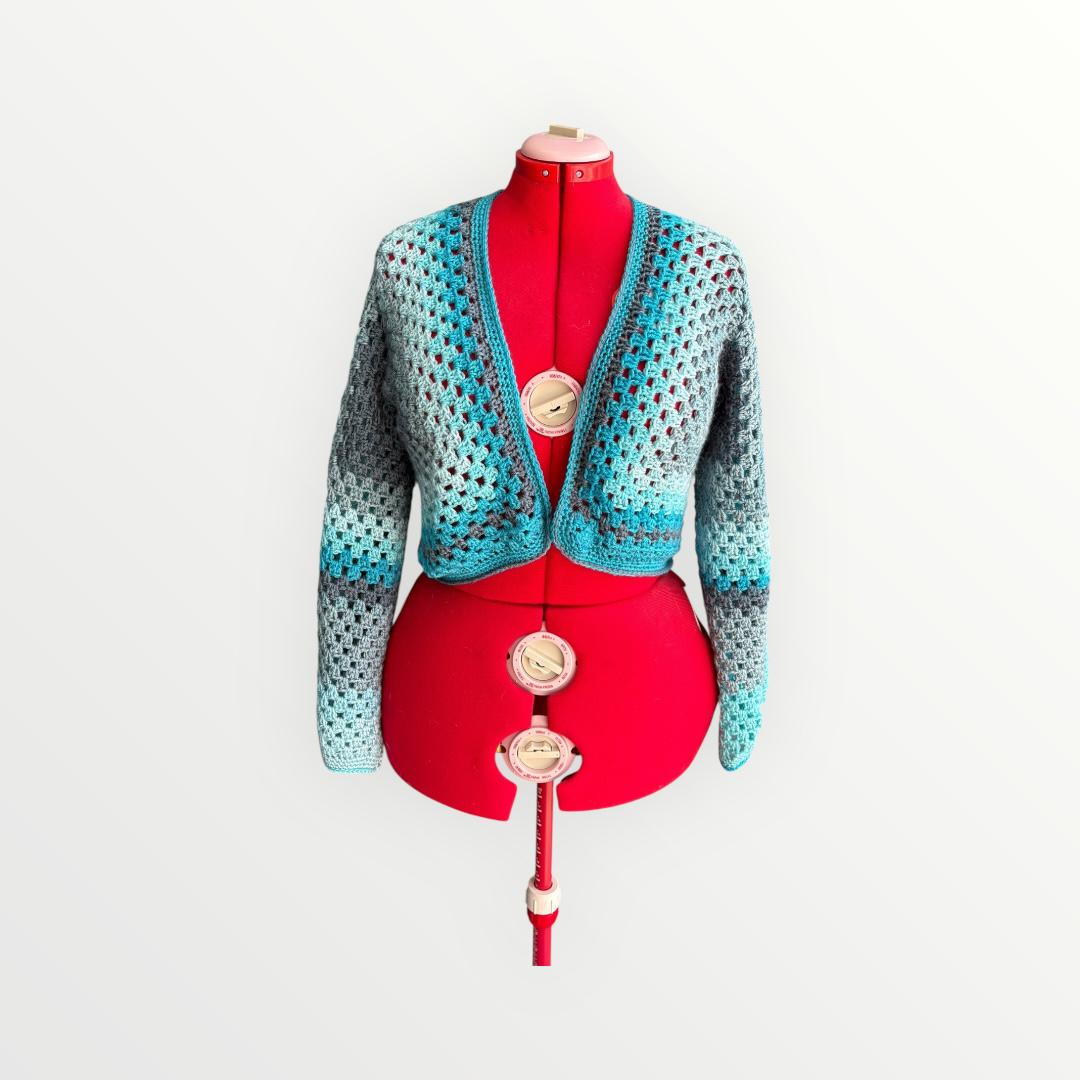 Ice-blue Cropped Hexagon Granny Sweater, Large