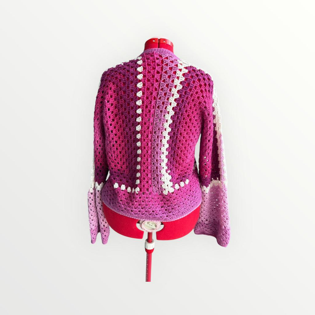 Raspberry Ripple Cropped Hexagon Granny Sweater, Large