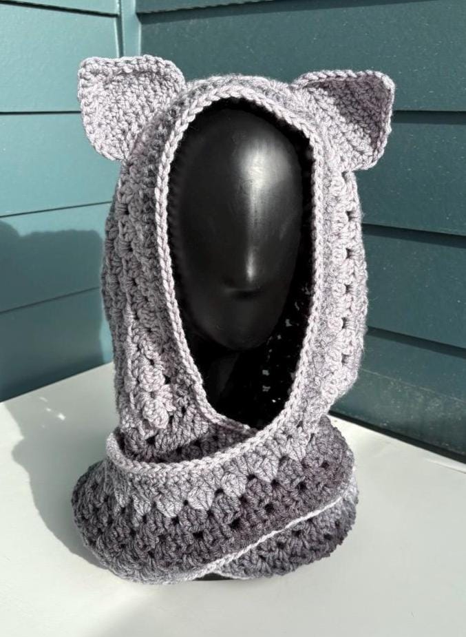 Gray Ombre Cowl Hood with Wolf Ears